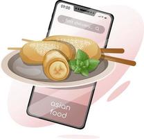 Delicious Chinese dish - bananas in batter in smartphone vector