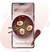 Fast delivery poster. Japanese delicious ramen soup in smartphone vector