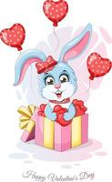 Romantic card with a bunny in a gift box, hearts and balloons vector