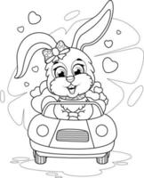 Coloring page. Romantic bunny with hearts in the car vector