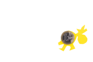 Metal coin, one euro comes with a bag of gifts. Transparent background. PNG. copy space. png