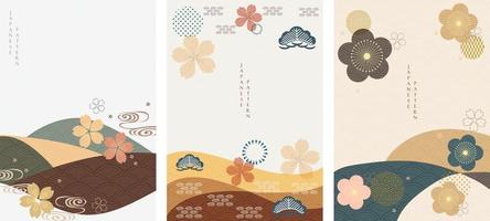 Japanese template vector. Abstract background in Asian style with Japanese wave pattern. Natural luxury texture with cherry blossom flower and icons element. vector