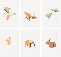 Set of geometric modern graphic elements vector. Asian icons with Japanese pattern. Origami paper folding icon. Crane birds, elephant, rabbit, chicken and plane object. vector