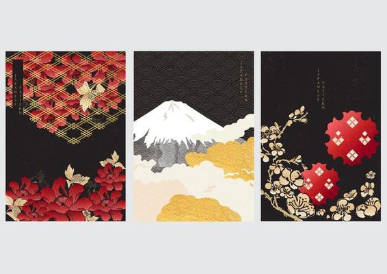 Japanese background with Gold texture in peony flower elements. Fuji mountain with geometric line pattern. Cherry blossom decoration design in vintage style.