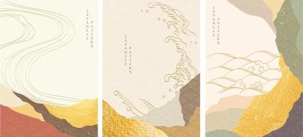 Japanese background with hand drawn wave decorations vector. Abstract template with mountain in oriental style with gold texture. vector