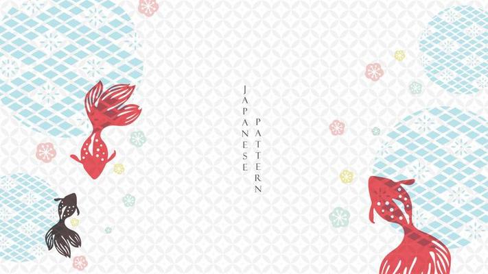 Japanese background with red koi fish decoration pattern vector. Oriental banner design with abstract art elements in vintage style. Circle shape elements.