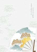 Chinese background with gold bamboo and hand drawn wave pattern vector. Oriental template design with fan element. vector