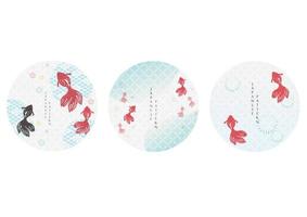 Vector set of Japanese icon and logo template. Geometric pattern in Asian traditional style. Red carp fish and cherry blossom flower elements.