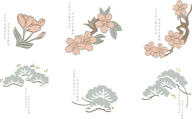 Japanese elements icons with hand drawn natural background. Cherry blossom flower and bonsai logo design in Asian style.