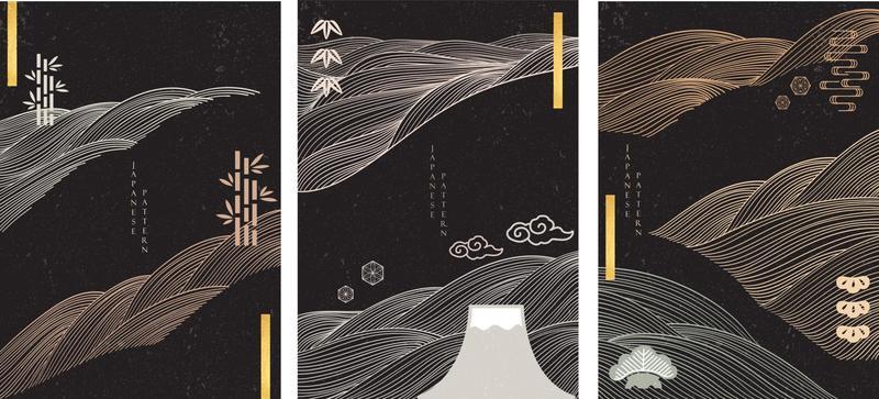 Japanese background with line pattern vector. Abstract landscape template with Asian icon elements. Fuji mountain, bamboo and bonsai symbol in vintage style.