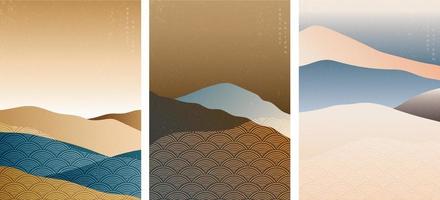 Abstract art background with Japanese wave pattern vector. Art landscape in retro style. Mountain forest template. vector