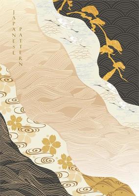 Japanese background with line pattern vector. Cherry blossom flower decoration with gold texture and crane birds  illustration.
