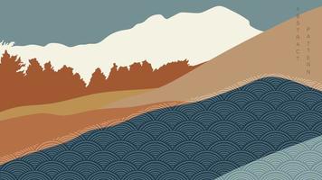 fondo de paisaje abstracto con vector de patrón de onda japonés. diseño de banner de bosque de montaña con decoración curva en estilo vintage.