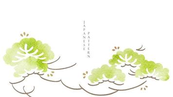 fondo japonés con vector de decoración de árbol bonsai. diseño de banner de paisaje natural con patrón de onda japonés en estilo vintage.