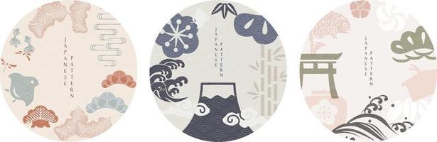 conjunto de vectores de elementos gráficos modernos. iconos asiáticos con patrón japonés. banners abstractos con formas de líneas fluidas. plantilla para diseño de logotipo, volante o presentación.