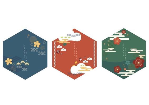 Japanese background with geometric shape vector. Asian traditional icon with cherry blossom flower, cloud, wave, bonsai and birds element. Logo and card design.