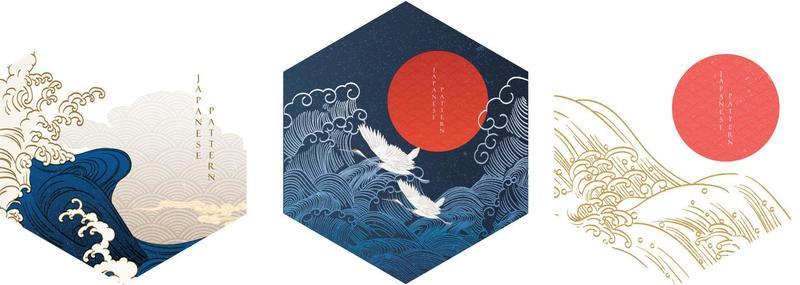 Japanese background with hand drawn wave elements in geometric shape vector. Red sun and moon with abstract line pattern. Template design in oriental style.