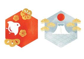 patrón japonés y vector de iconos. diseño de tarjeta de año nuevo y fondo de marco. plantilla abstracta con textura de acuarela. icono de la montaña fuji, bonsái, nube, pájaro y flor de cerezo.