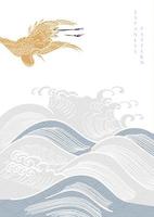 Japanese pattern with hand draw ocean wave background vector. Crane birds with line art in vintage style. vector