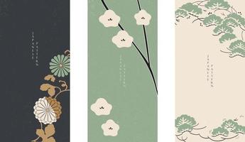 vector de fondo floral japonés. bandera asiática. diseño de plantilla tradicional vintage. patrón abstracto y plantilla. conjunto de tarjetas florales con elemento de árbol de dibujo a mano.