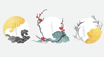 Japanese background with gold and black texture vector. Cherry blossom flower, bamboo and chinese cloud decorations in vintage style. Art landscape icon and logo design. vector