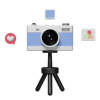 3D social media with camera tripod icons isolated. online video live streaming, communication applications, notification message concept, 3d render illustration png