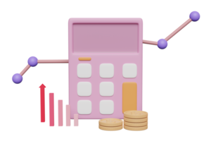 3d calcolatrice icona con monete pila, grafici grafico isolato. analitica calcolatore finanziario rischio concetto, 3d rendere illustrazione png