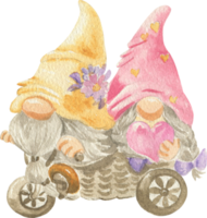 Watercolor illustration of two gnomes in love on a bicycle png