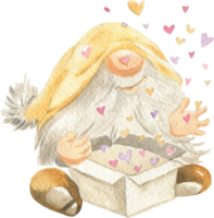 Watercolor illustration of a gnome in a hat with a box from which hearts fly png