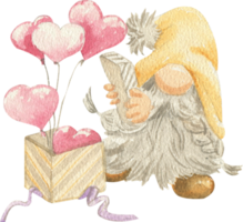 Watercolor illustration of a gnome who opens a box of balloons png