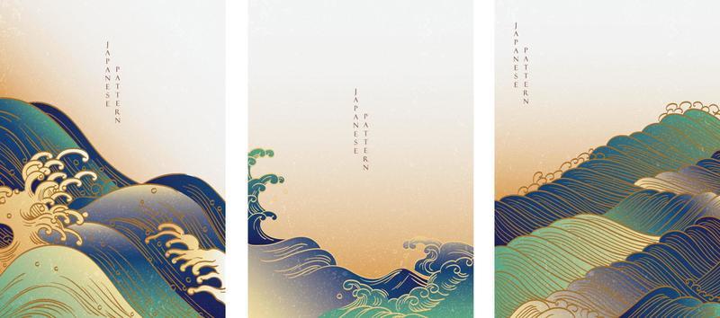 Japanese background with Hand drawn wave pattern vector. Abstract template with line pattern. Ocean sea design in vintage style.