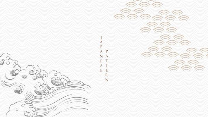 Japanese background with hand drawn wave pattern vector. Oriental banner design with abstract art elements in vintage style.