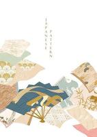 Abstract art background with watercolor texture vector. Leaves elements with Japanese wave pattern in vintage style. vector