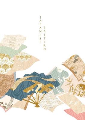 Abstract art background with watercolor texture vector. Leaves elements with Japanese wave pattern in vintage style.