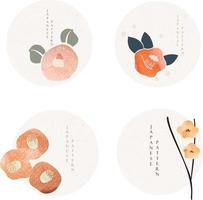 Set of flower icons in Japanese style with grunge texture vector. Colorful of floral pattern 0n vintage style. Logo design. vector