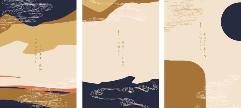 Japanese background with hand drawn wave in vintage style. Art landscape banner design.