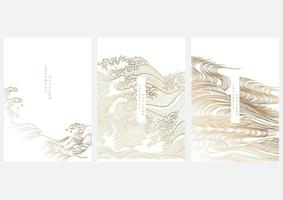 Oriental hand drawn wave with Chinese background vector. Abstract art template with gold element in vintage style. vector