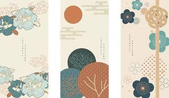 Japanese background with Asian traditional icon vector. Cherry blossom and peony flower, wave pattern, bamboo and ribbon elements. Geometric pattern in vintage style. vector