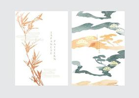 Japanese wave pattern with art landscape banner. Abstract background with watercolor texture vector. Bamboo and cloud elements with pine tree banner in vintage style. vector