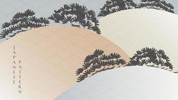 Fondo de elementos bonsai con vector de banner de bosque de montaña. patrón de onda japonés con elementos de línea en estilo vintage.