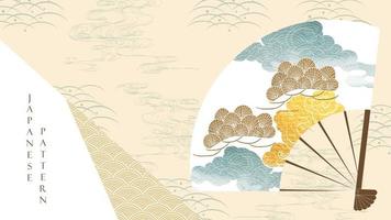 Japanese background with geometric pattern vector. Abstract art decoration with hand draw wave elements banner in vintage style. Fan vector with watercolor texture.