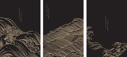 Hand drawn wave with Japanese background vector. Oriental template with gold line pattern in vintage style. vector
