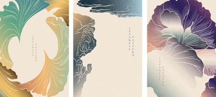 Japanese background Natural banner design. Abstract art boarders with hand drawn line vector in vintage style.