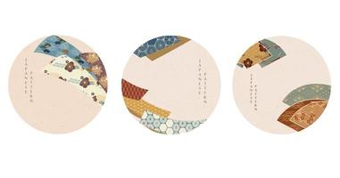 Japanese pattern icon with geometric background vector. Asian banner design with ribbon and fan decoration in vintage style. vector