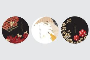 Japanese icon and decoration elements with peony flower vector. Gold texture with floral pattern in luxury style. vector