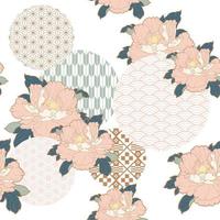 Japanese pattern with circle shape vector. Peony flower and geometric pattern in vintage style. Abstract art  illustration. vector