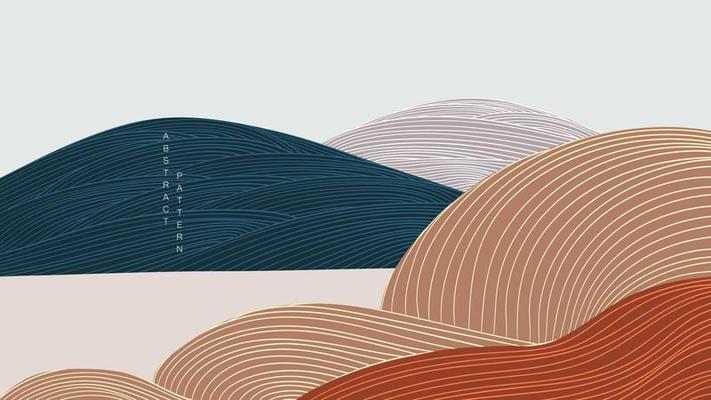 Mountain forest background with hand drawn line pattern in vintage style. Abstract art banner design with desert decoration card.