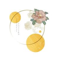 Japanese pattern with geometric background vector. Peony flower and gold texture elements. Circle template in vintage style. vector