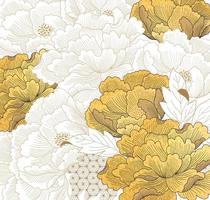 plantilla de trazo de pincel chino con vector de textura dorada. flor de peonía y patrón geométrico en estilo vintage. ilustración de arte abstracto.
