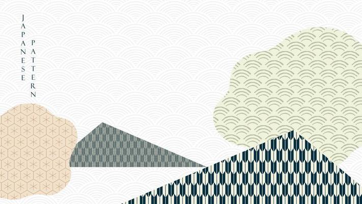 Abstract art background with geometric pattern vector. Mountain forest and cloud decoration with Japanese banner design in vintage style.